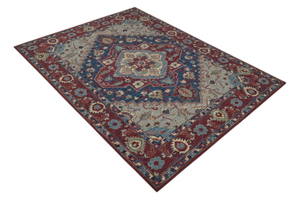 Maroon and Blue Hand Tufted Traditional Medallion Multi Size wool Area Rug.
