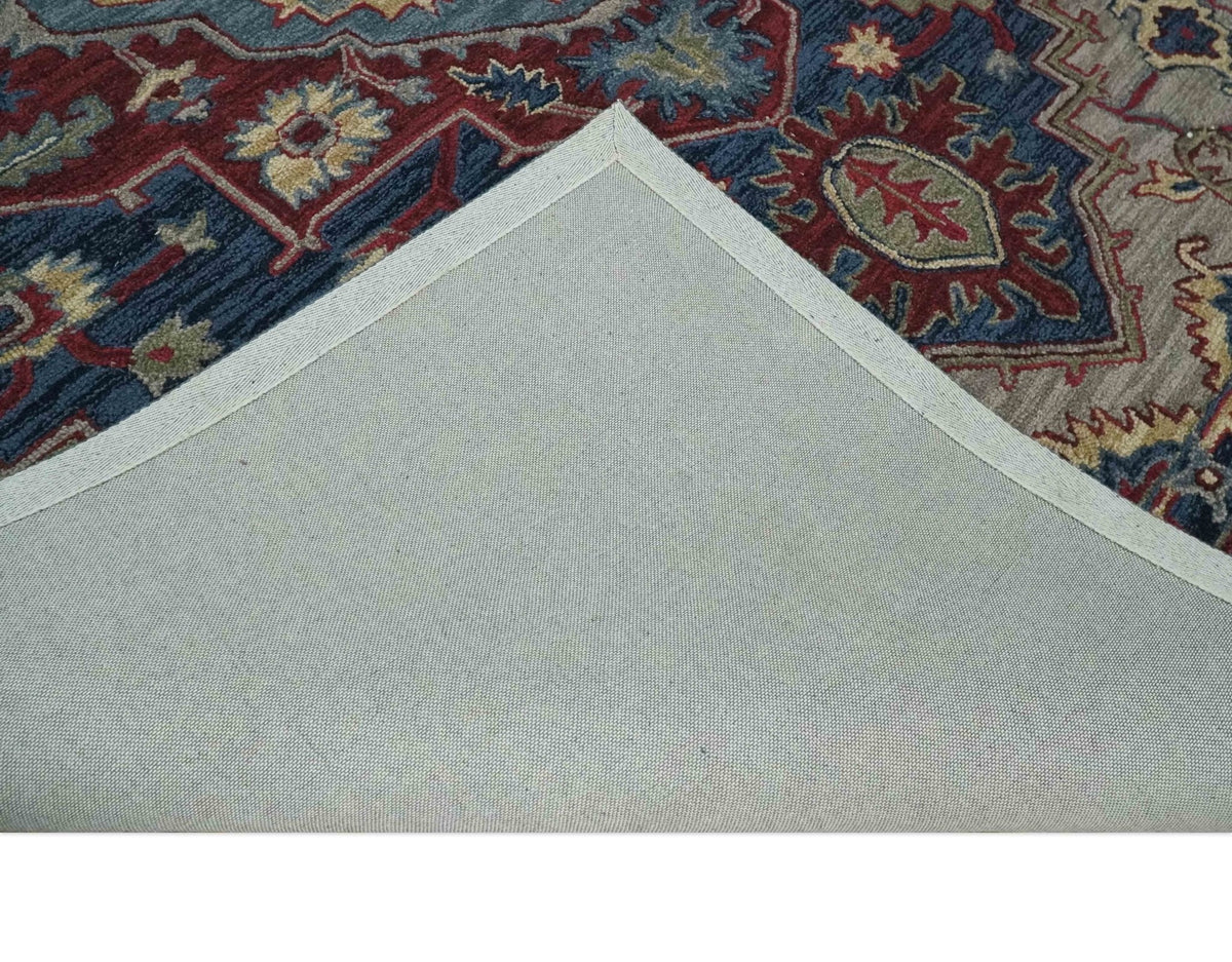 Maroon and Blue Hand Tufted Traditional Medallion Multi Size wool Area Rug.