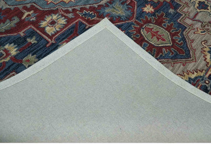 Maroon and Blue Hand Tufted Traditional Medallion Multi Size wool Area Rug.