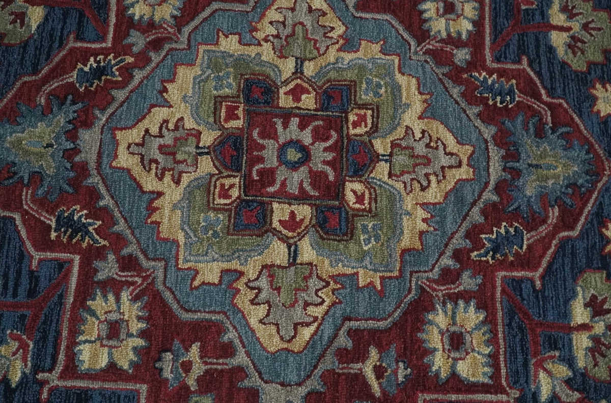 Maroon and Blue Hand Tufted Traditional Medallion Multi Size wool Area Rug.