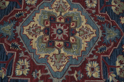 Maroon and Blue Hand Tufted Traditional Medallion Multi Size wool Area Rug.