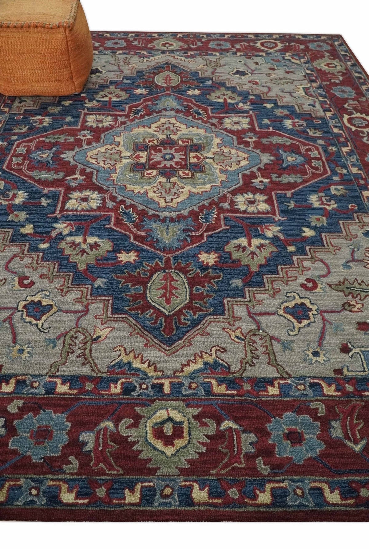 Maroon and Blue Hand Tufted Traditional Medallion Multi Size wool Area Rug.
