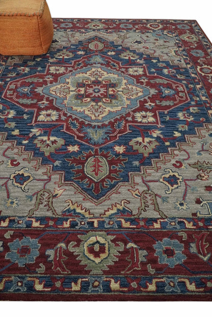 Maroon and Blue Hand Tufted Traditional Medallion Multi Size wool Area Rug.