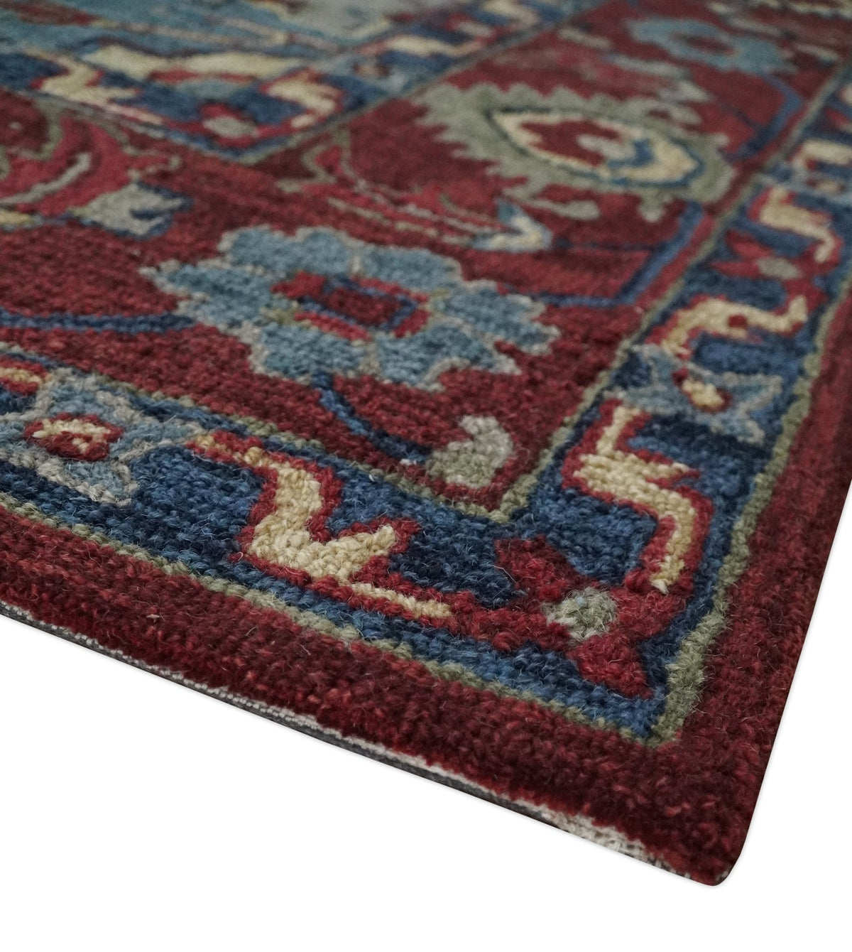 Maroon and Blue Hand Tufted Traditional Medallion Multi Size wool Area Rug.