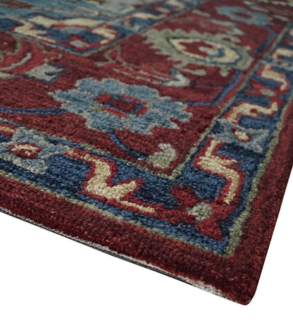 Maroon and Blue Hand Tufted Traditional Medallion Multi Size wool Area Rug.