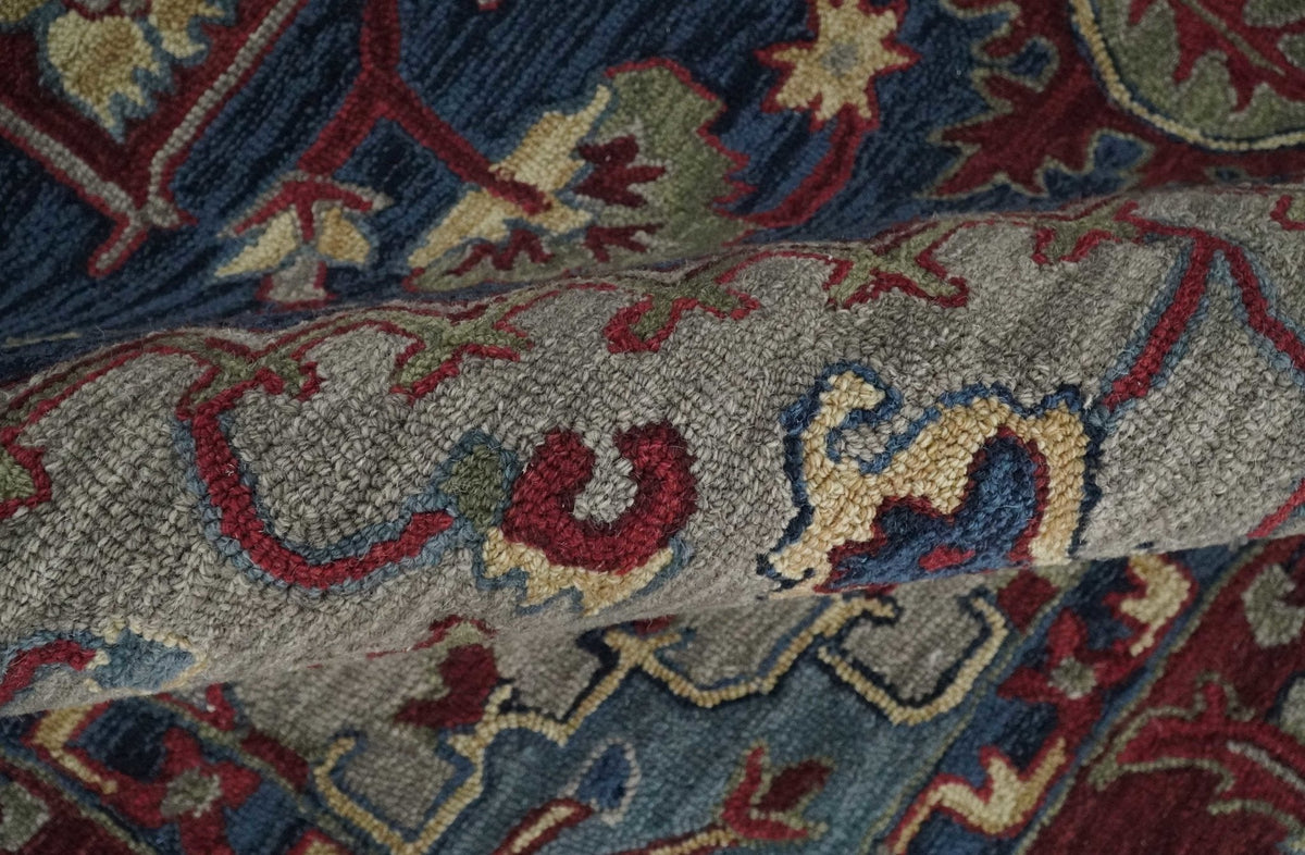 Maroon and Blue Hand Tufted Traditional Medallion Multi Size wool Area Rug.