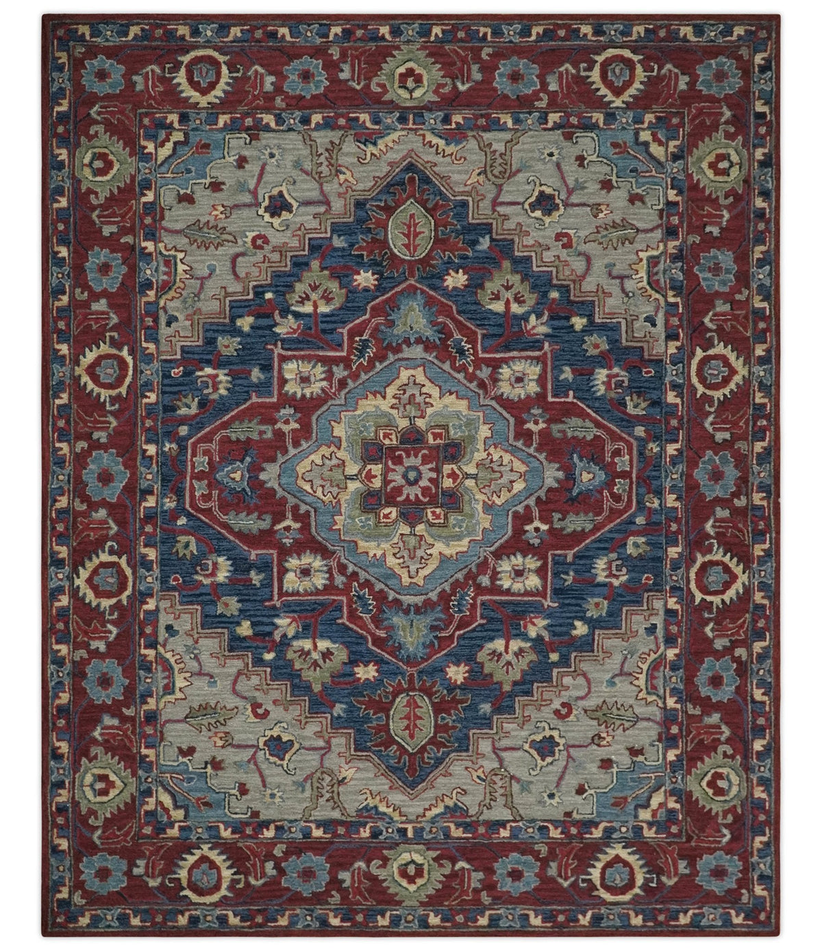Maroon and Blue Hand Tufted Traditional Medallion Multi Size wool Area Rug.