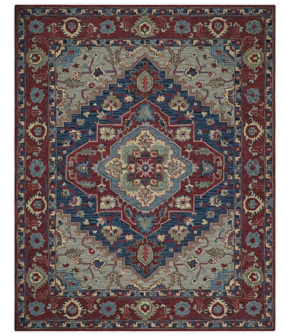 Maroon and Blue Hand Tufted Traditional Medallion Multi Size wool Area Rug.