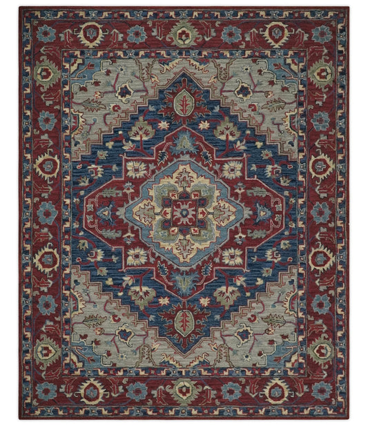Maroon and Blue Hand Tufted Traditional Medallion Multi Size wool Area Rug.