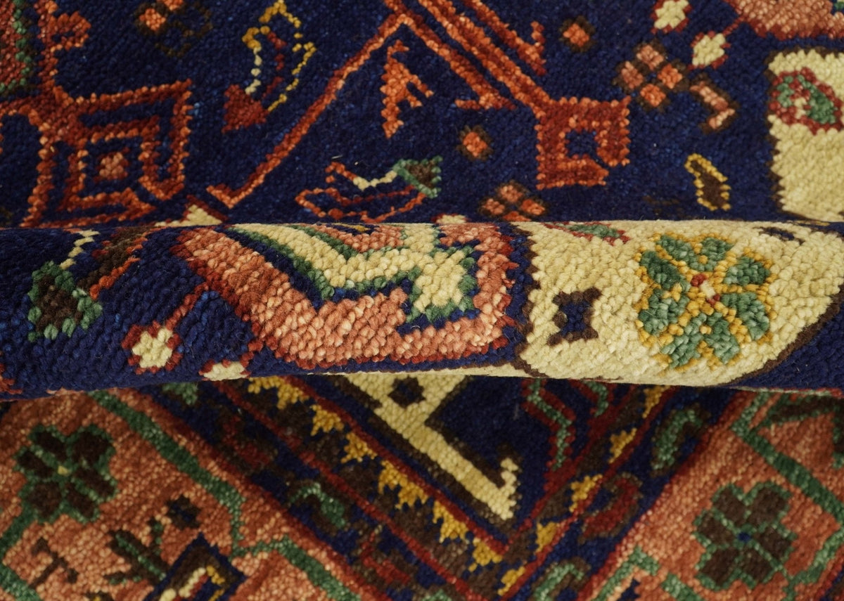 Custom Made Hand Knotted Traditional Rust And Blue Runner Wool Rug.