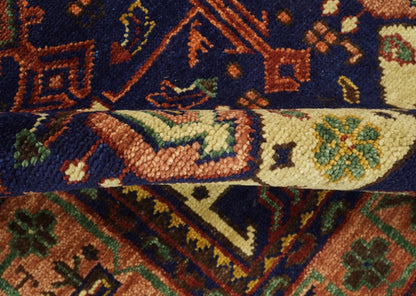 Custom Made Hand Knotted Traditional Rust And Blue Runner Wool Rug.