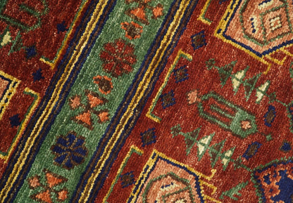 Custom Made Hand Knotted Traditional Rust And Blue Runner Wool Rug.
