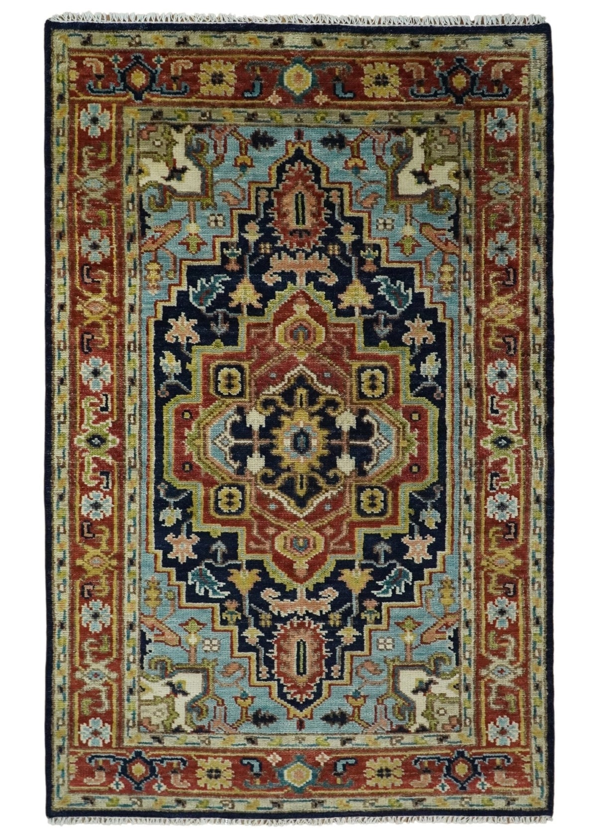 Custom Made Traditional Blue and Rust Hand Knotted Wool Area Rug.