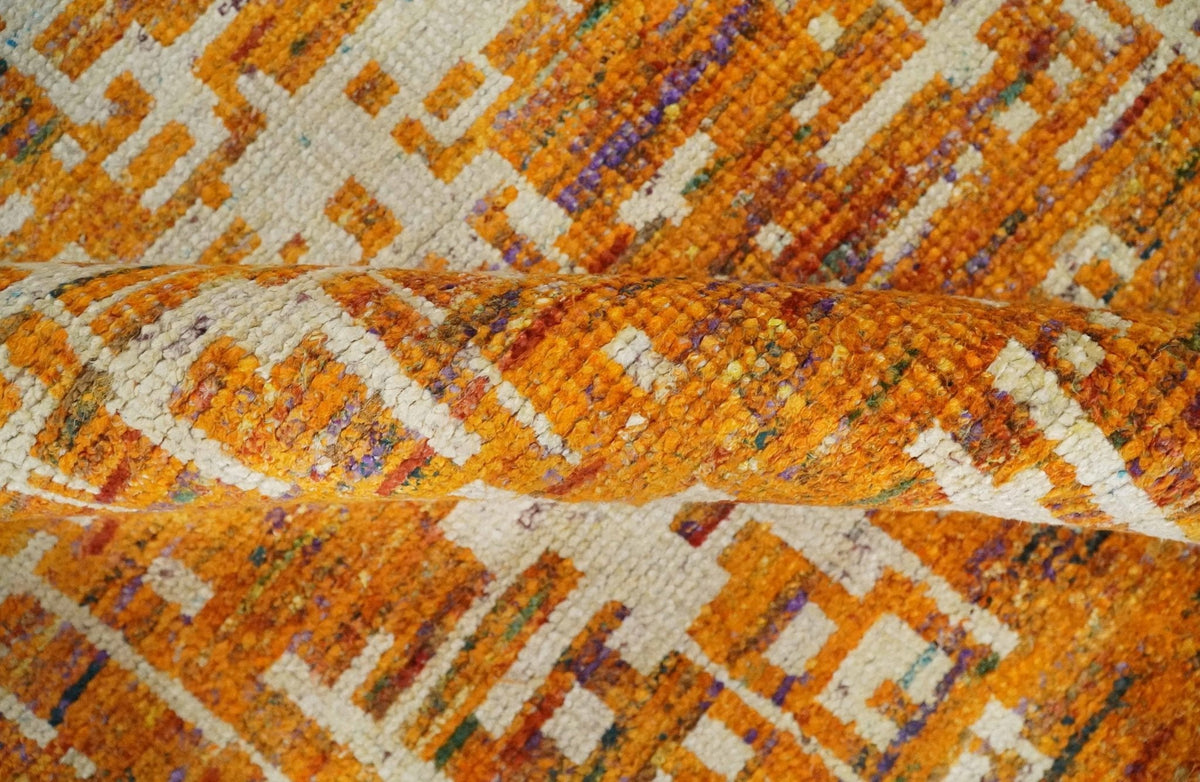 5x8 and 6x9 Gold, Rust and Ivory Modern Abstract Recycled Silk Rug.