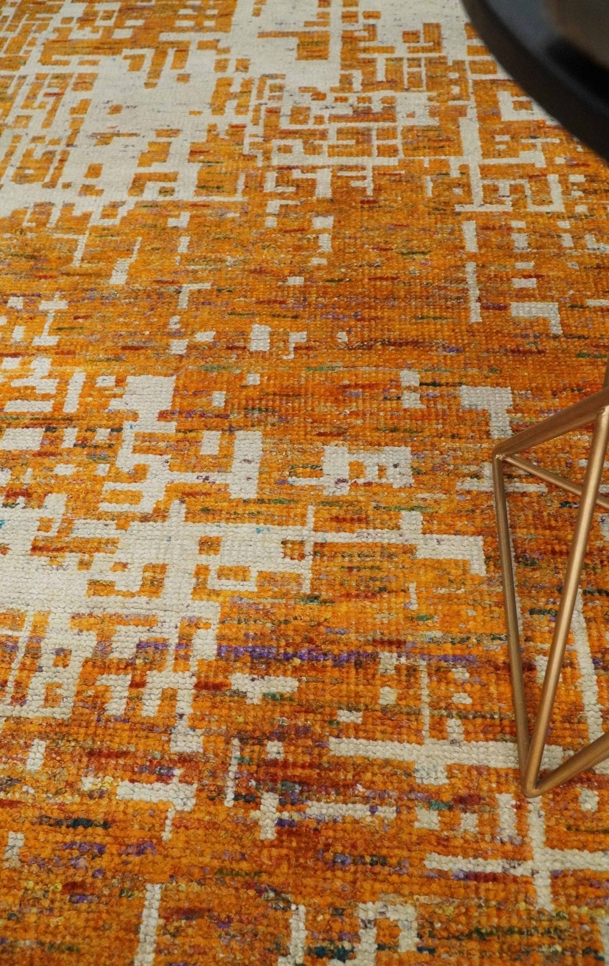 5x8 and 6x9 Gold, Rust and Ivory Modern Abstract Recycled Silk Rug.