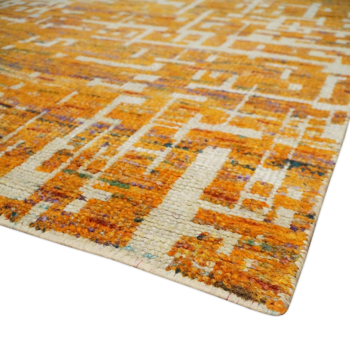 5x8 and 6x9 Gold, Rust and Ivory Modern Abstract Recycled Silk Rug.