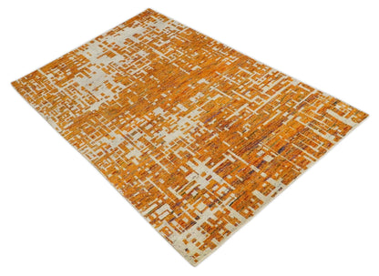 5x8 and 6x9 Gold, Rust and Ivory Modern Abstract Recycled Silk Rug.
