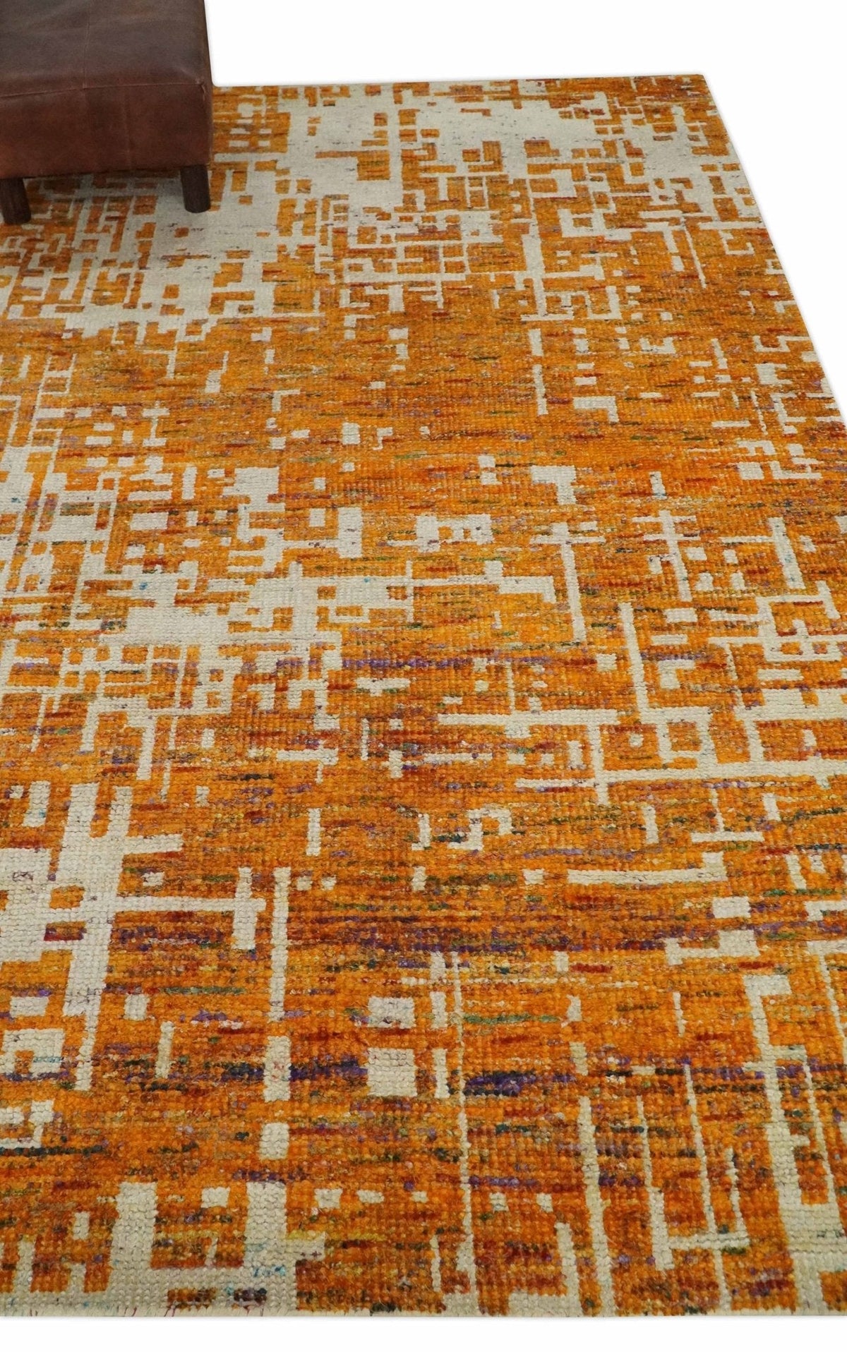 5x8 and 6x9 Gold, Rust and Ivory Modern Abstract Recycled Silk Rug.