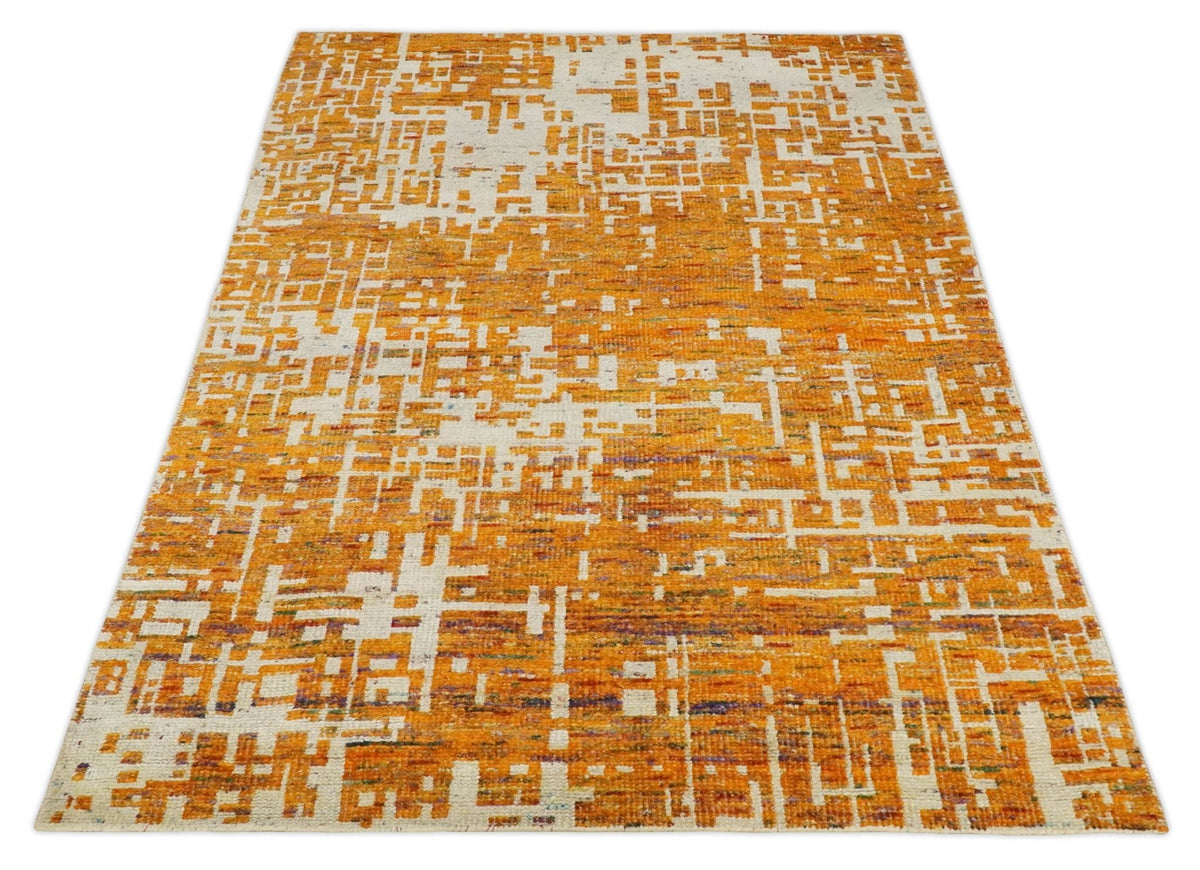 5x8 and 6x9 Gold, Rust and Ivory Modern Abstract Recycled Silk Rug.