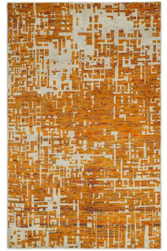5x8 and 6x9 Gold, Rust and Ivory Modern Abstract Recycled Silk Rug.