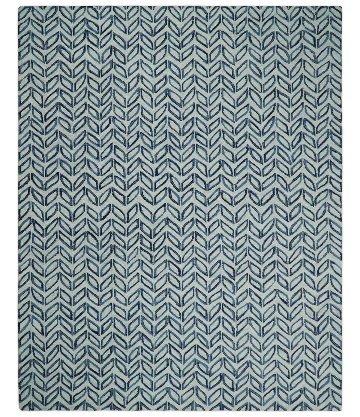 Contemporary Farmhouse Leaf's Hand Tufted Silver and Blue Loop Multi Size Wool Rug.