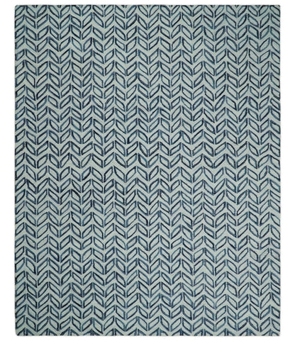 Contemporary Farmhouse Leaf's Hand Tufted Silver and Blue Loop Multi Size Wool Rug.