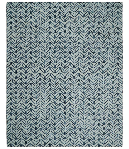 Contemporary Farmhouse Leaf's Hand Tufted Silver and Blue Loop Multi Size Wool Rug.