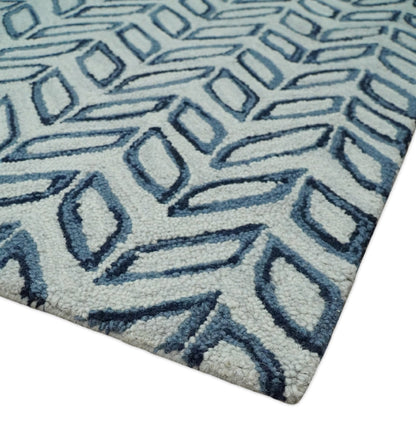Contemporary Farmhouse Leaf's Hand Tufted Silver and Blue Loop Multi Size Wool Rug.
