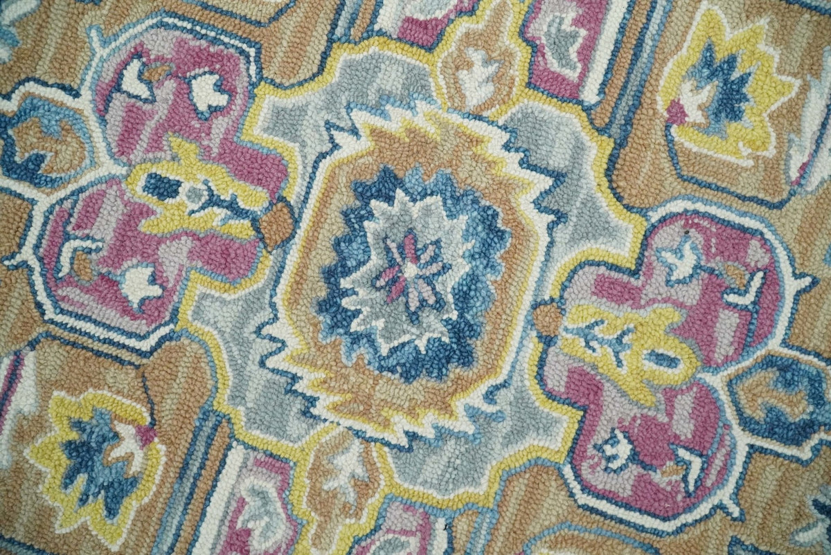 Traditional Blue and Camel Textured Loop Wool Hand Tufted Area Rug.