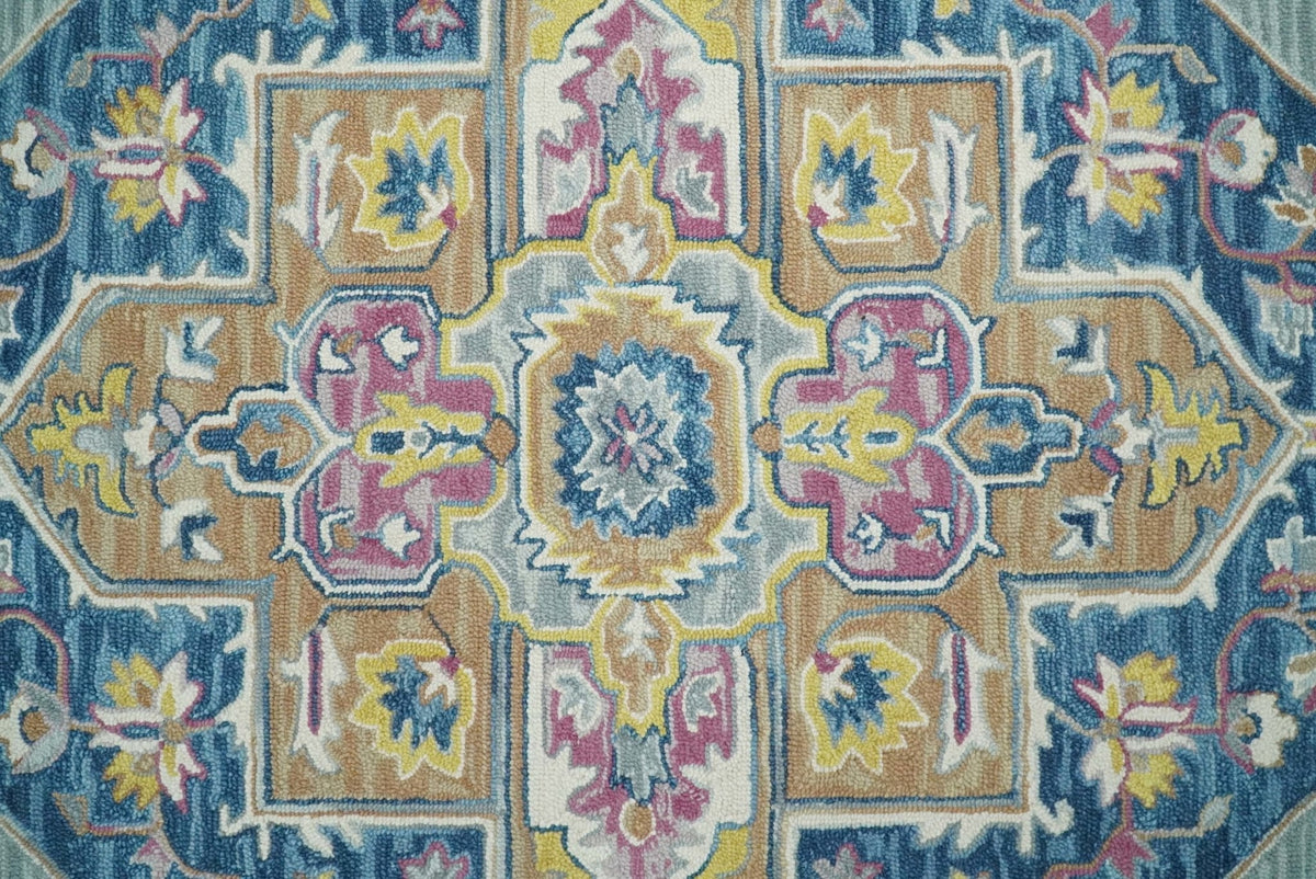 Traditional Blue and Camel Textured Loop Wool Hand Tufted Area Rug.