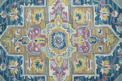 Traditional Blue and Camel Textured Loop Wool Hand Tufted Area Rug.