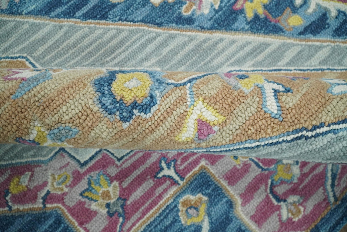Traditional Blue and Camel Textured Loop Wool Hand Tufted Area Rug.
