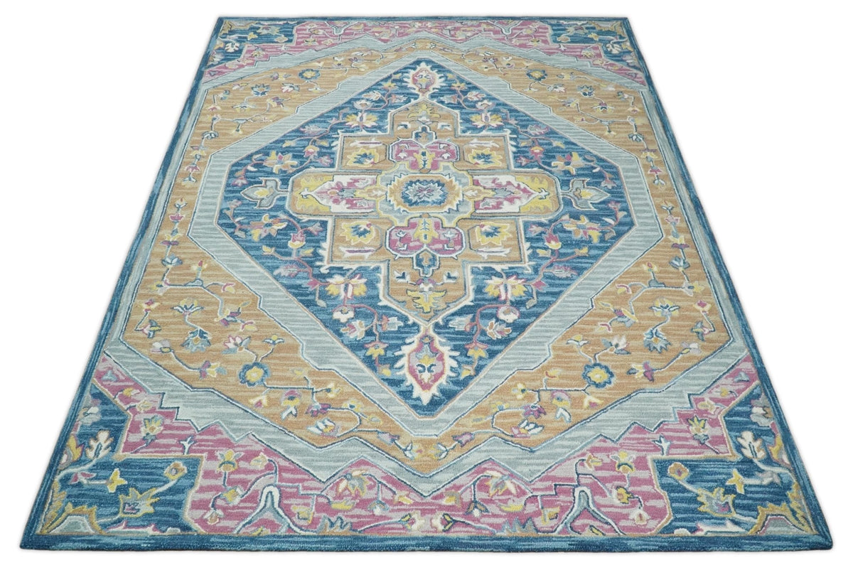 Traditional Blue and Camel Textured Loop Wool Hand Tufted Area Rug.