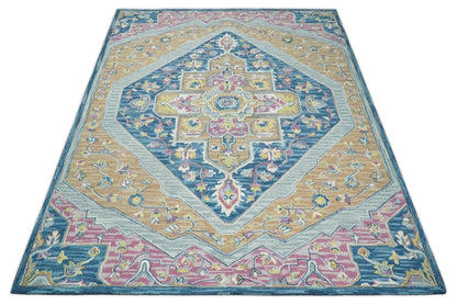 Traditional Blue and Camel Textured Loop Wool Hand Tufted Area Rug.