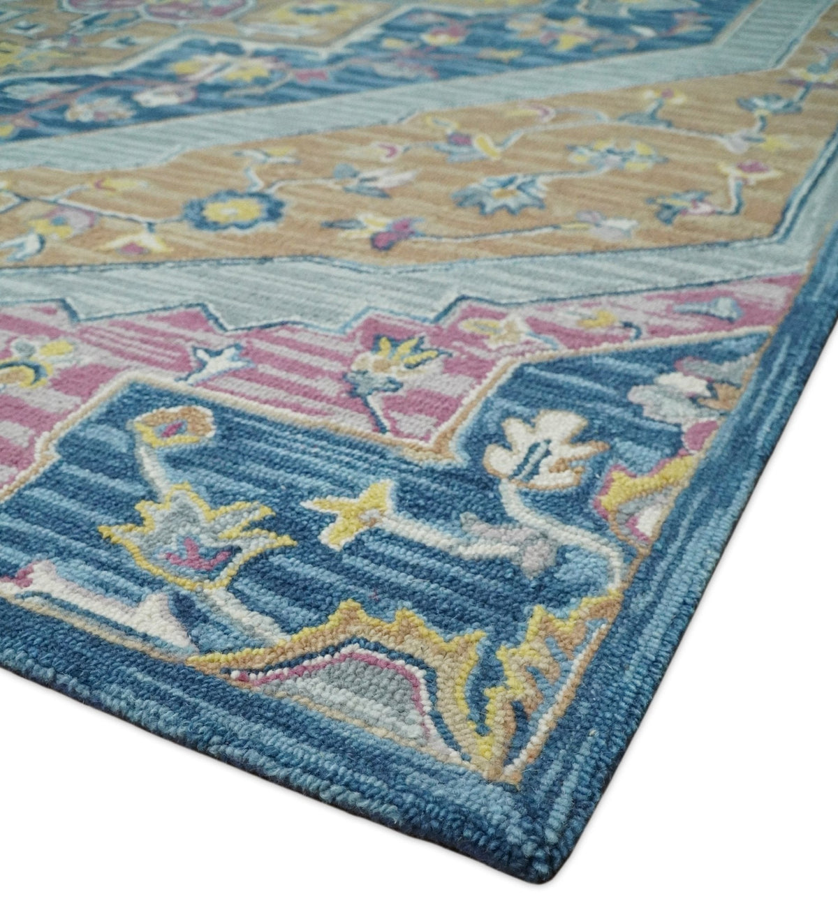 Traditional Blue and Camel Textured Loop Wool Hand Tufted Area Rug.