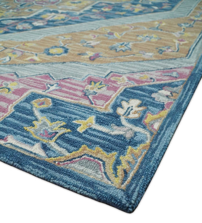 Traditional Blue and Camel Textured Loop Wool Hand Tufted Area Rug.