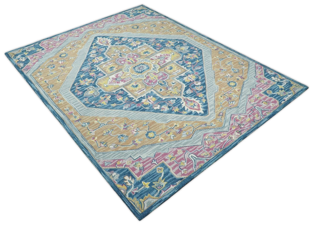 Traditional Blue and Camel Textured Loop Wool Hand Tufted Area Rug.