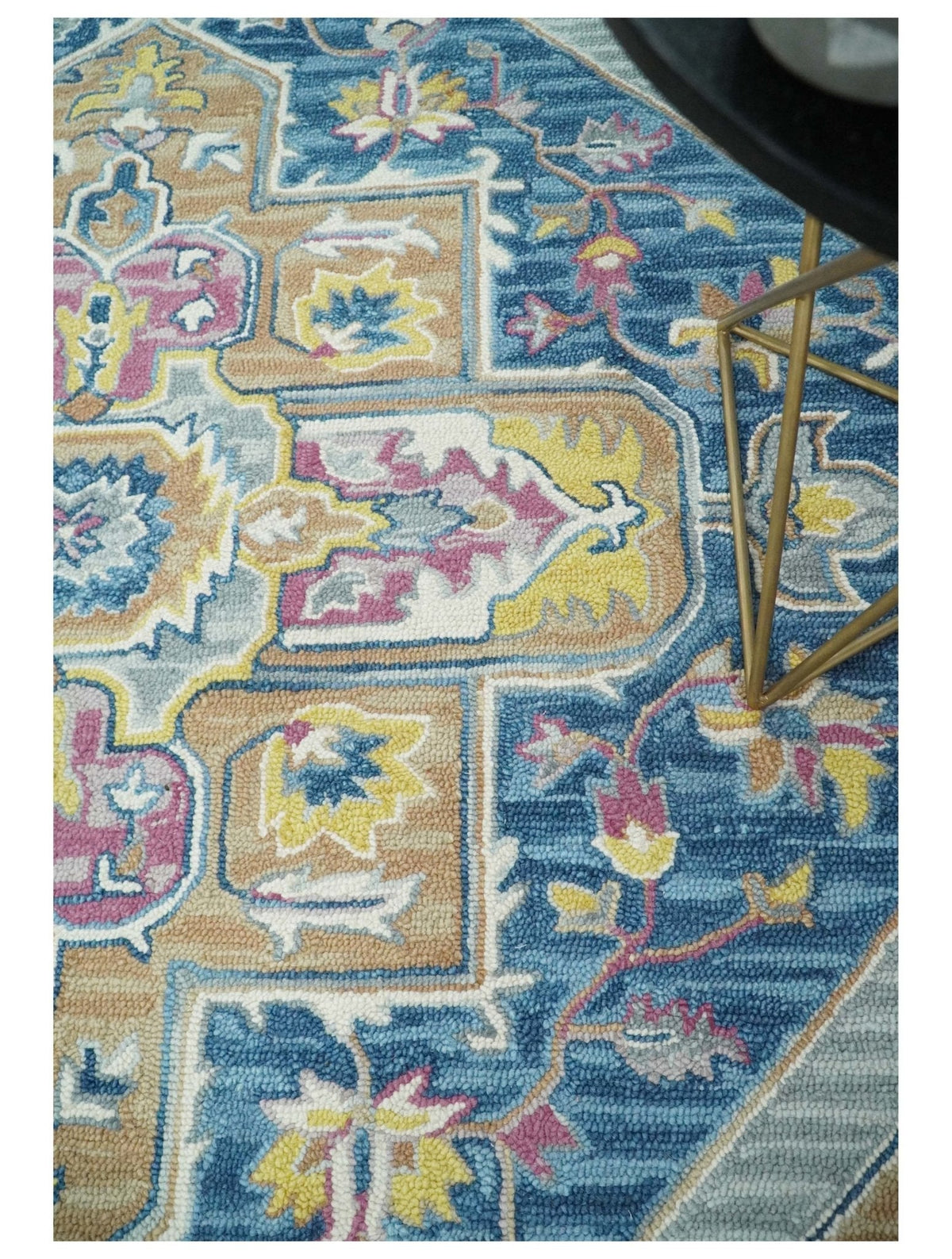 Traditional Blue and Camel Textured Loop Wool Hand Tufted Area Rug.