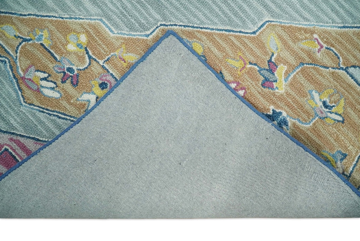 Traditional Blue and Camel Textured Loop Wool Hand Tufted Area Rug.