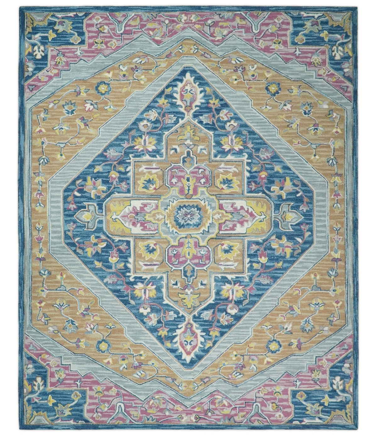 Traditional Blue and Camel Textured Loop Wool Hand Tufted Area Rug.