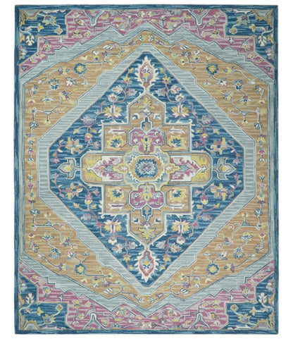 Traditional Blue and Camel Textured Loop Wool Hand Tufted Area Rug.