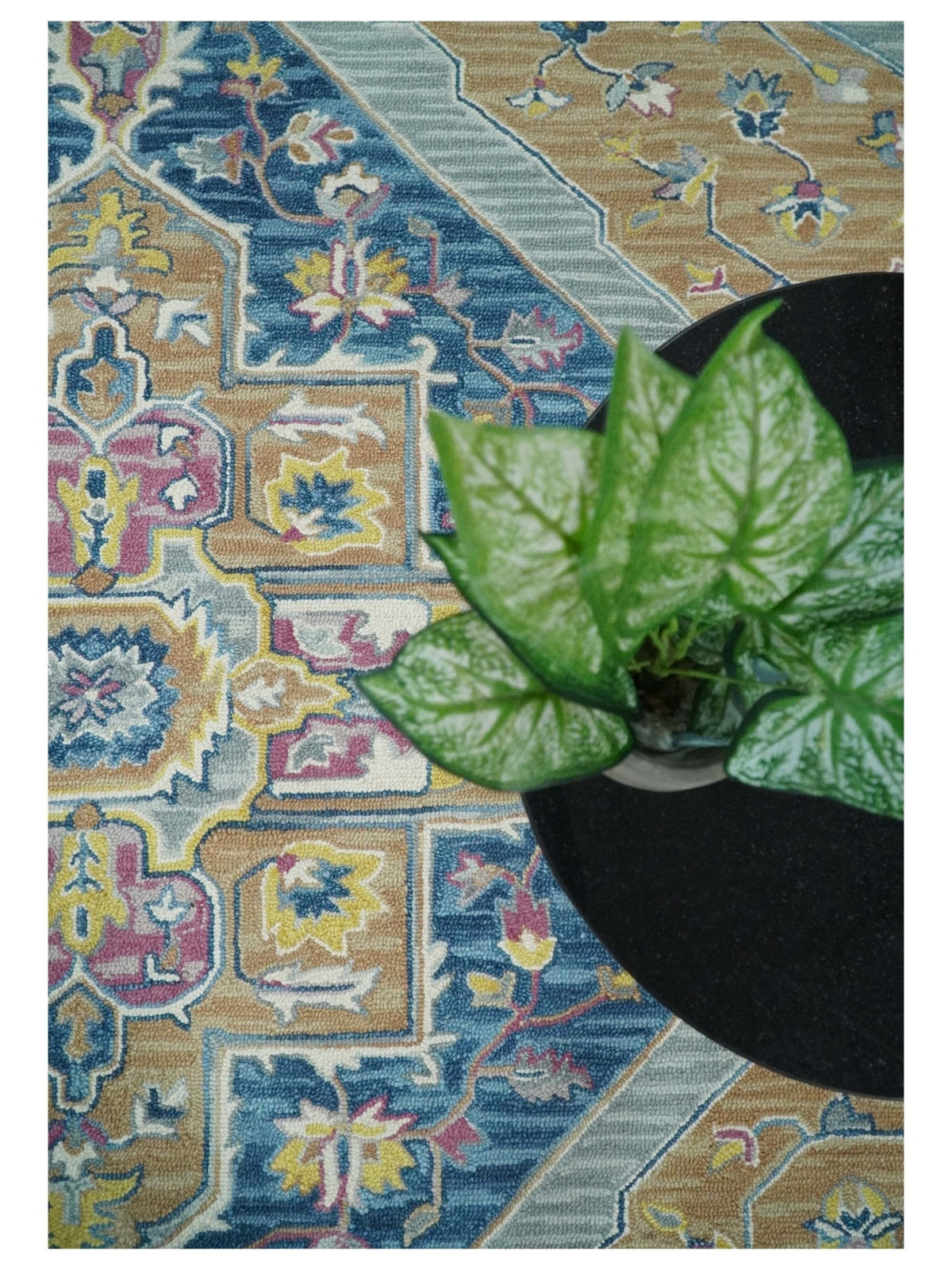 Traditional Blue and Camel Textured Loop Wool Hand Tufted Area Rug.