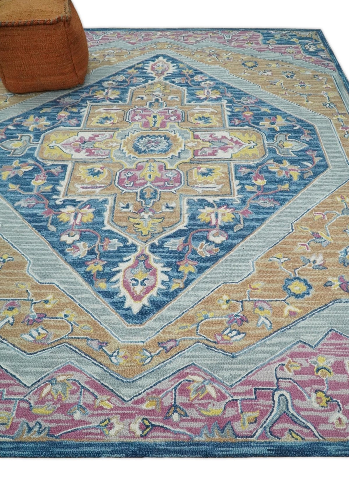 Traditional Blue and Camel Textured Loop Wool Hand Tufted Area Rug.