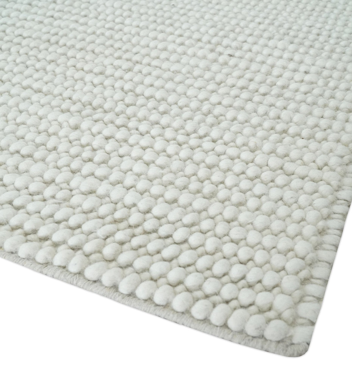 Contemporary Solid Design Ivory Handwoven Wool Area Rug.