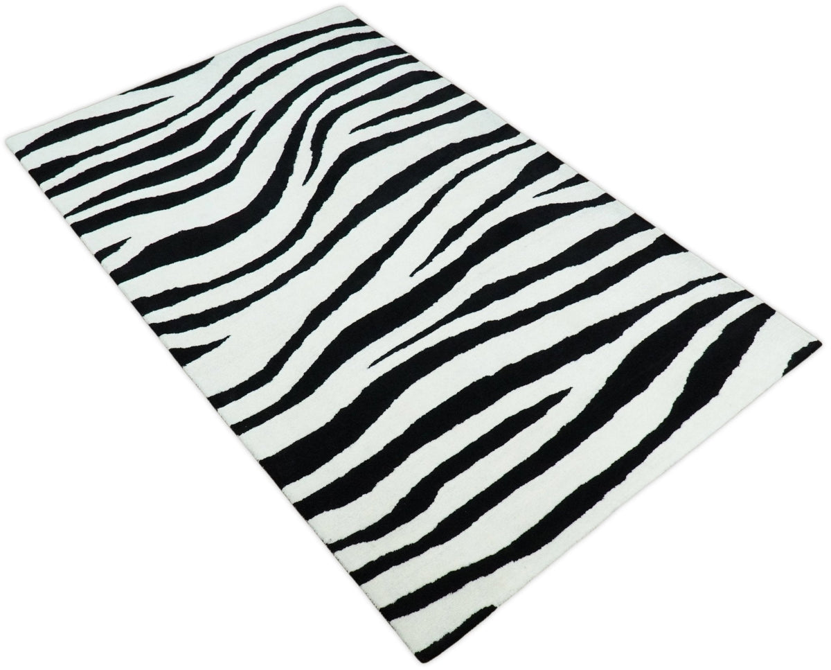 Modern Zebra Hand Tufted Black and White Wool Area Rug.