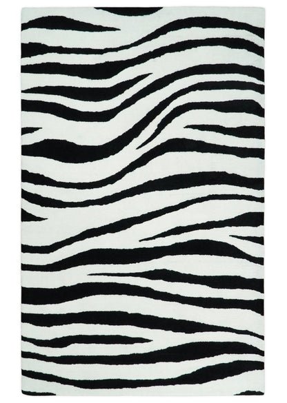 Modern Zebra Hand Tufted Black and White Wool Area Rug.