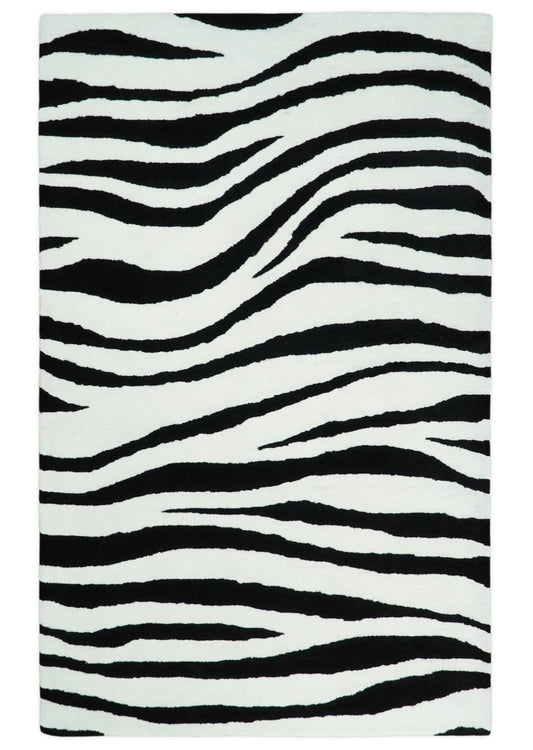Modern Zebra Hand Tufted Black and White Wool Area Rug.