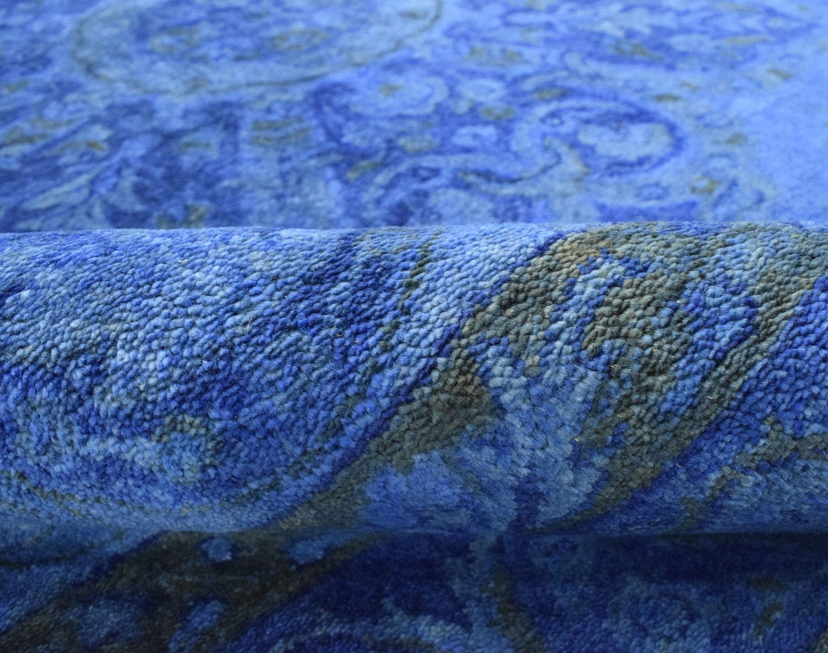 Hand Tufted Traditional Design Blue Overdyed Wool Area Rug.