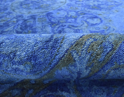 Hand Tufted Traditional Design Blue Overdyed Wool Area Rug.
