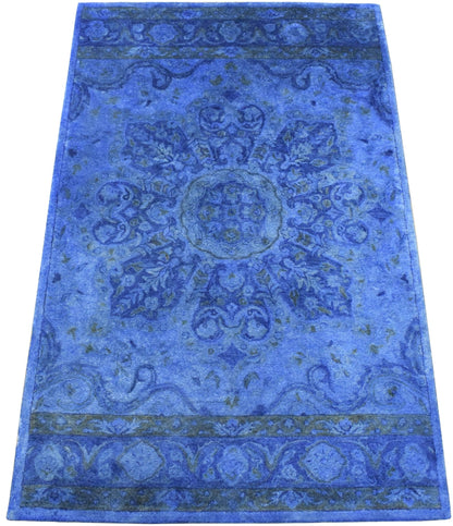 Hand Tufted Traditional Design Blue Overdyed Wool Area Rug.